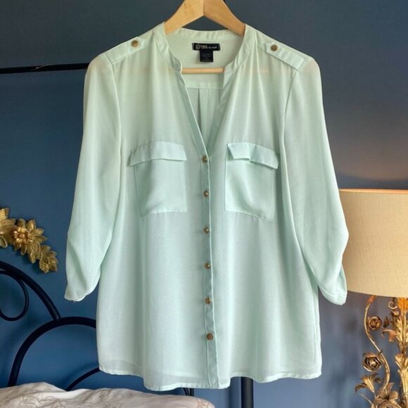 3 For $25 Mint Green Chiffon Button Up Blouse Shirt - Picture 1 of 5